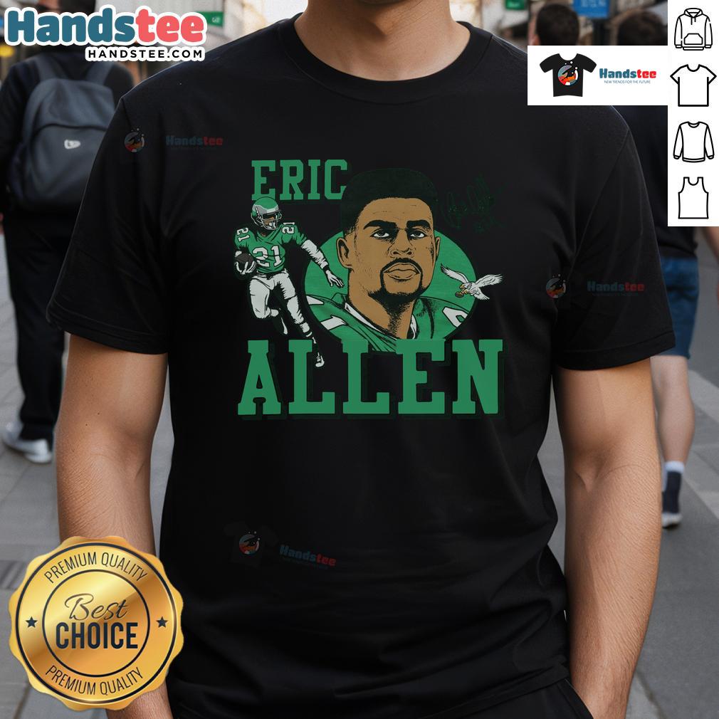 Official Eagles Eric Allen Signature T-Shirt featuring team colors and player autograph design for fans and collectors.