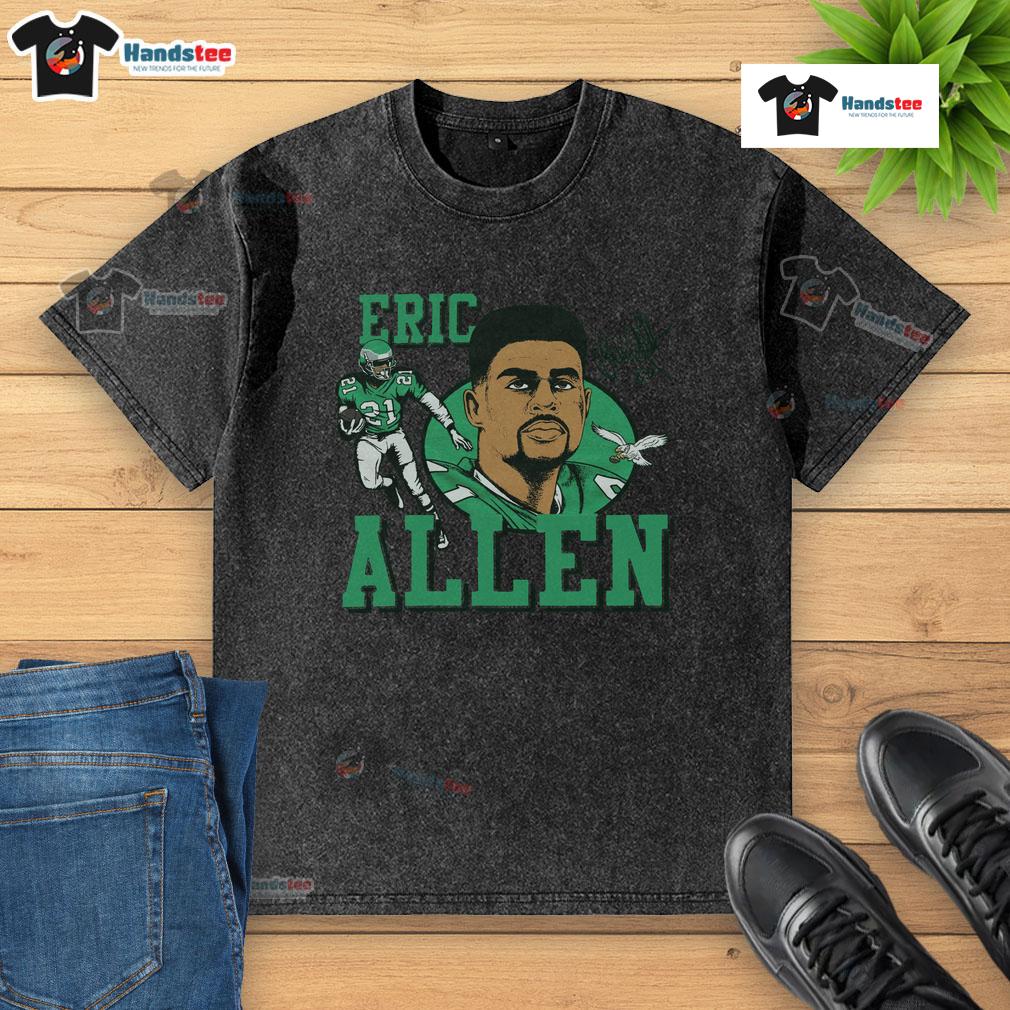 Alt Text: Official Eagles Eric Allen Signature Washed T-Shirt featuring a retro design and team logo, perfect for fans.