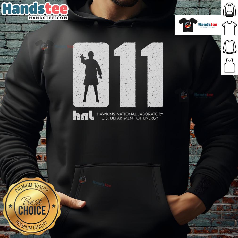 Alt Text: Official HNL 011 hoodie featuring Hawkins National Laboratory logo from the US Department of Energy.