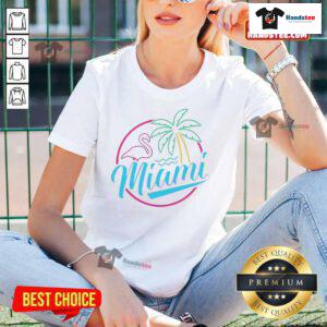 Official Miami Neon Flamingo Logo Ladies Tee featuring vibrant colors and stylish design for trendy summer fashion.