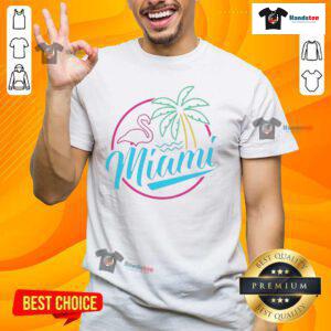 Alt Text: Official Miami Neon Flamingo Logo T-Shirt featuring a vibrant flamingo design on a stylish, casual tee.