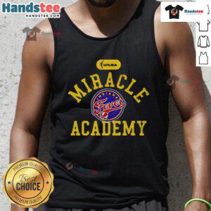 Alt Text: Caitlin Clark wearing an Official Miracle Academy tank top for Indiana Fever, featuring team colors and logo.