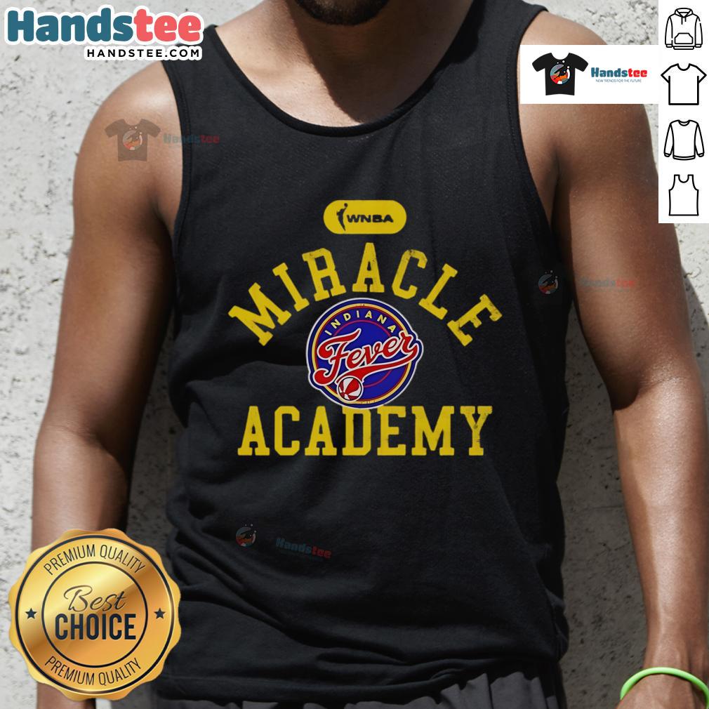 Alt Text: Caitlin Clark wearing an Official Miracle Academy tank top for Indiana Fever, featuring team colors and logo.
