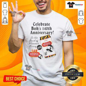 Alt Text: Official National Bohemian Celebrate Boh's 140th Vintage Anniversary Graphite T-Shirt showcasing retro design and logo.