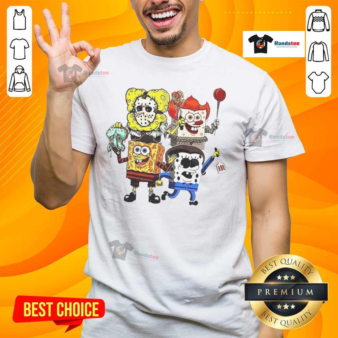 Official Sponge X Horror Characters Happy Halloween T-Shirt featuring spooky designs for festive celebrations.