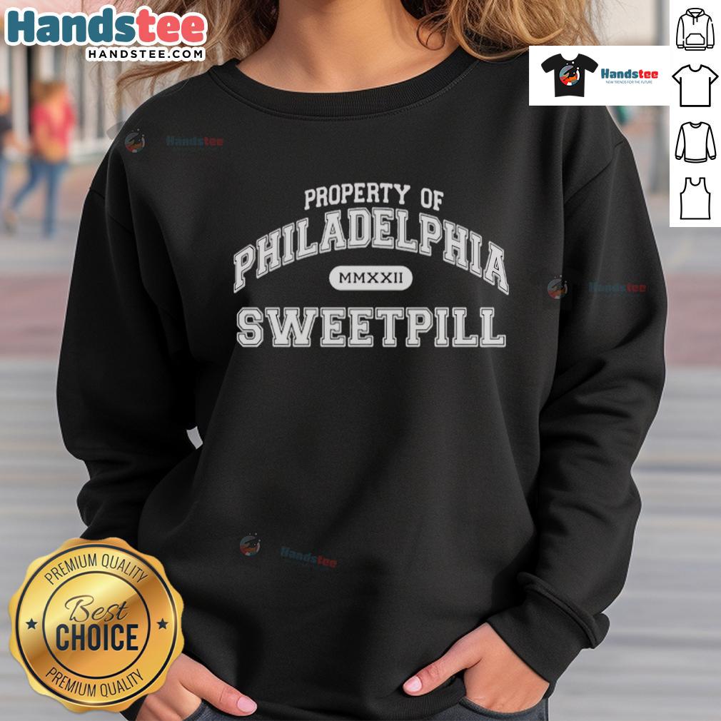 Official Sweet Pill Property of Philadelphia Philly sweatshirt in navy blue, showcasing a stylish urban design.