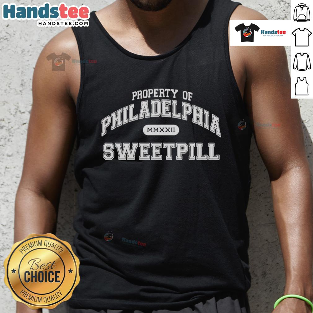 Official Sweet Pill Property of Philadelphia Philly tank top featuring vibrant design and stylish fit for fans.