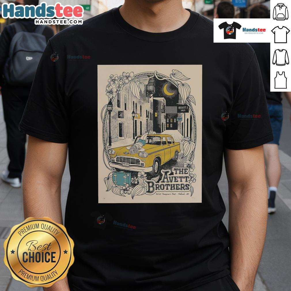 Alt Text: Official Tour 2025 The Avett Brothers Thompson's Point Portland poster design on a stylish T-shirt.