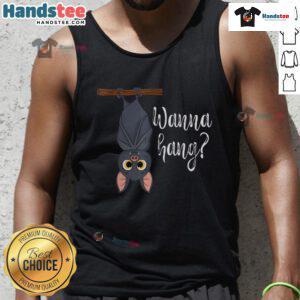 Funny bat graphic on a Wanna Hang tank top, perfect for casual wear and animal lovers.