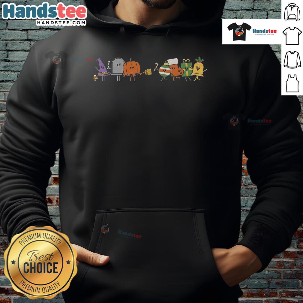 Funny Halloween and Christmas mashup hoodie featuring spooky and festive designs, perfect for holiday celebrations.