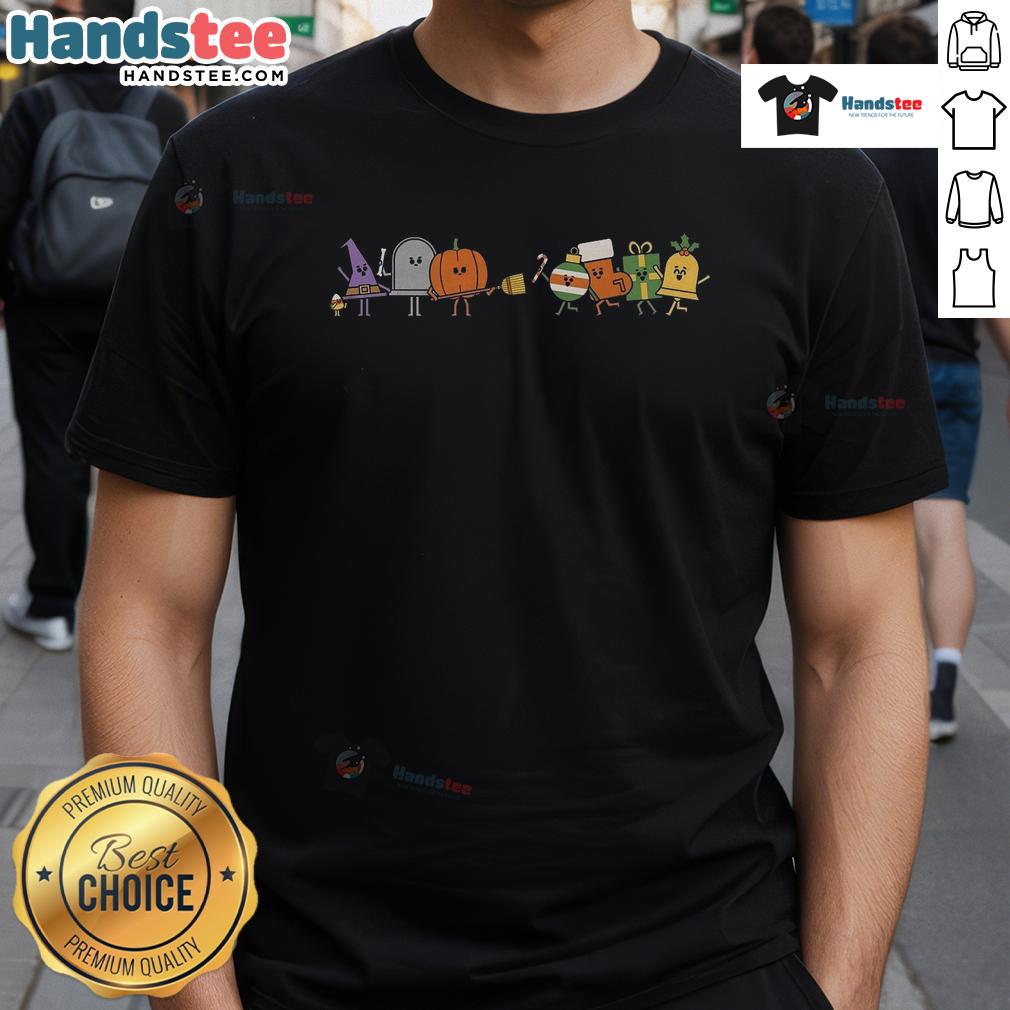 Funny Halloween and Christmas mashup t-shirt featuring spooky and festive graphics for holiday lovers.