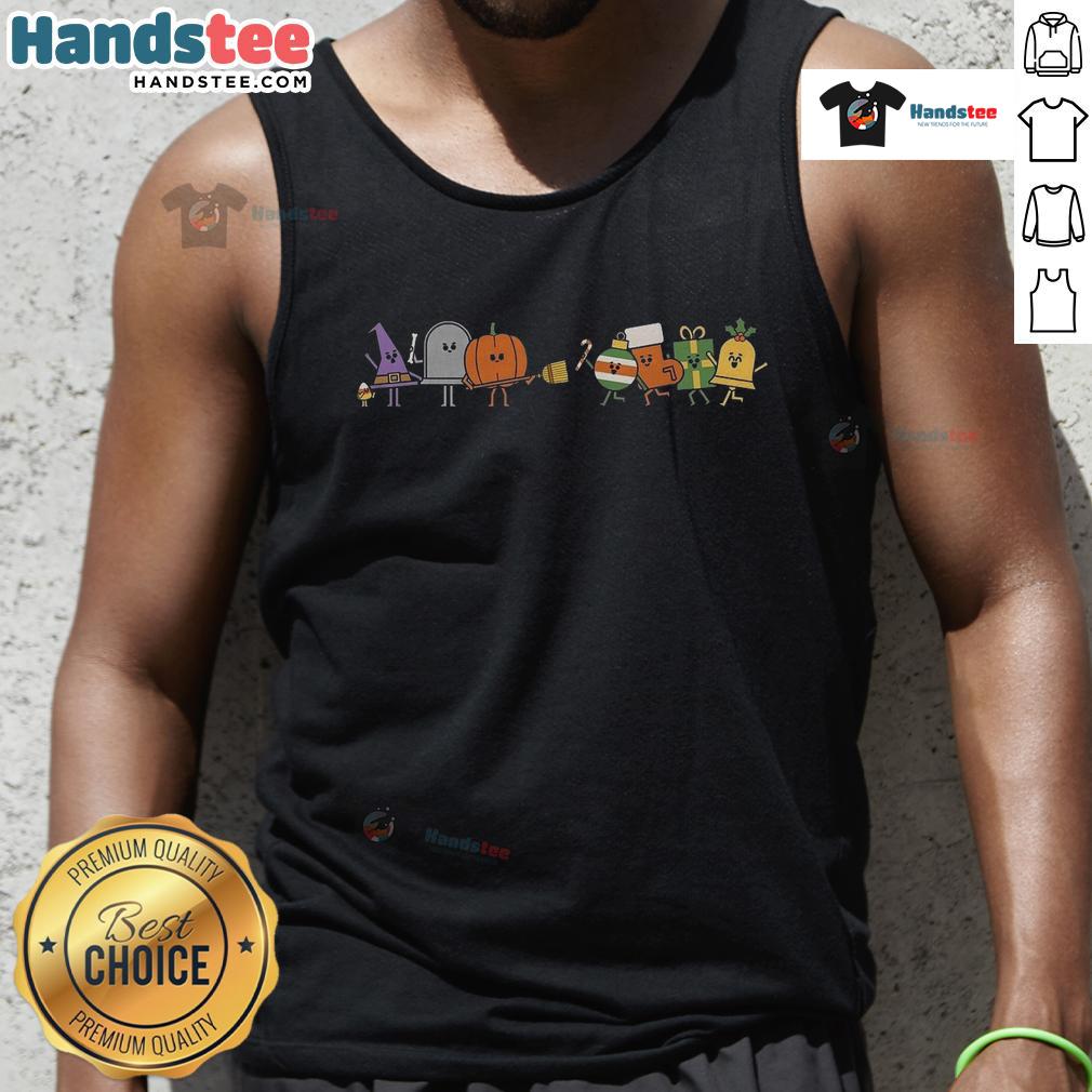 Funny Halloween and Christmas mashup tank top featuring playful graphics for festive holiday celebrations.