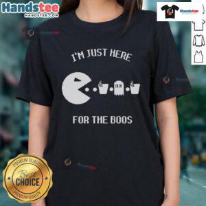 Funny Pacman 'I'm Just Here for the Boos' ladies tee featuring a playful graphic design perfect for Halloween.