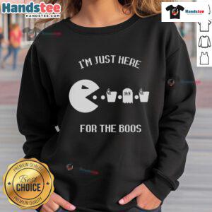 Alt Text: Funny Pacman sweatshirt with the phrase 'I'm just here for the boos' perfect for Halloween and gaming enthusiasts.