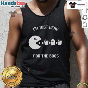 Alt Text: Funny Pacman tank top with I'm Just Here for the Boos text, perfect for Halloween parties and gaming fans.