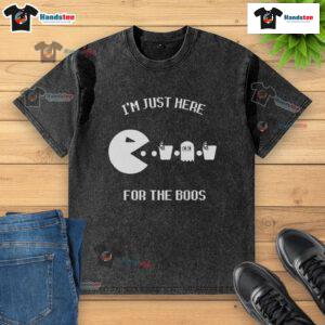 Alt Text: Funny Pacman I'm Just Here For The Boos washed t-shirt featuring a playful design, perfect for Halloween fans.