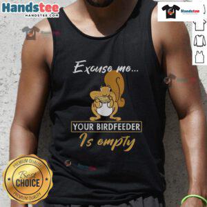 Funny squirrel at an empty bird feeder wearing a cute animal tank top, showcasing its playful personality.