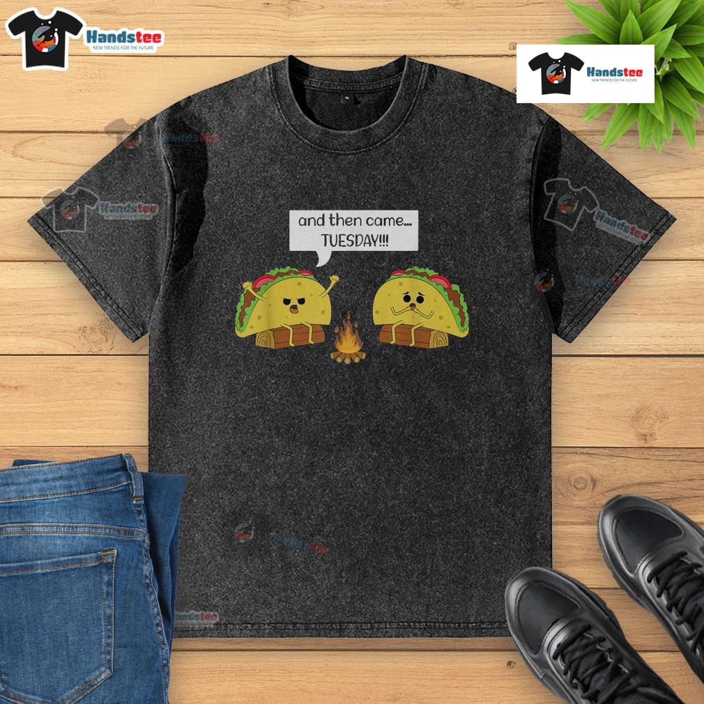 Alt Text: Funny Taco Tuesday pun on a washed t-shirt featuring vibrant taco graphics and playful text about Mexican food.