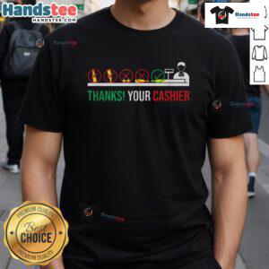Funny 'Thank You Cashier' T-shirt design for grocery store checkout worker appreciation with humorous graphics.