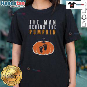 Funny Halloween ladies tee featuring 'The Man Behind The Pumpkin' design, perfect for festive celebrations and spooky style.