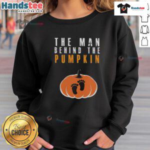 Alt Text: Funny Halloween sweatshirt featuring 'The Man Behind The Pumpkin' design, perfect for festive fall celebrations.
