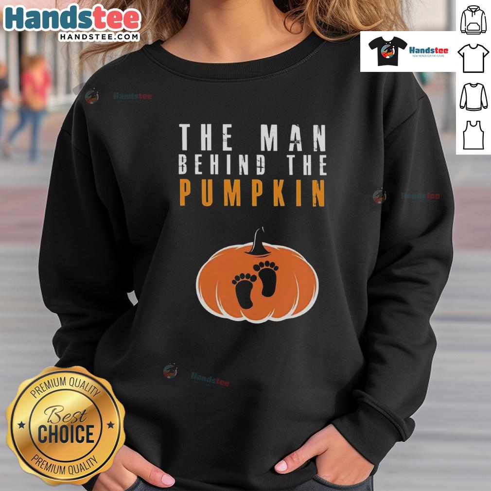 Alt Text: Funny Halloween sweatshirt featuring 'The Man Behind The Pumpkin' design, perfect for festive fall celebrations.