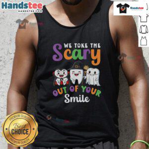 Funny Halloween tank top featuring teeth design with the phrase 'We Take The Scary Out Of Your Smile' for festive fun.