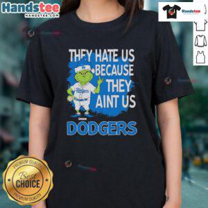 Womens Los Angeles Dodgers Grinch Christmas tee featuring 'They Hate Ain't Us' design for festive sports fans.