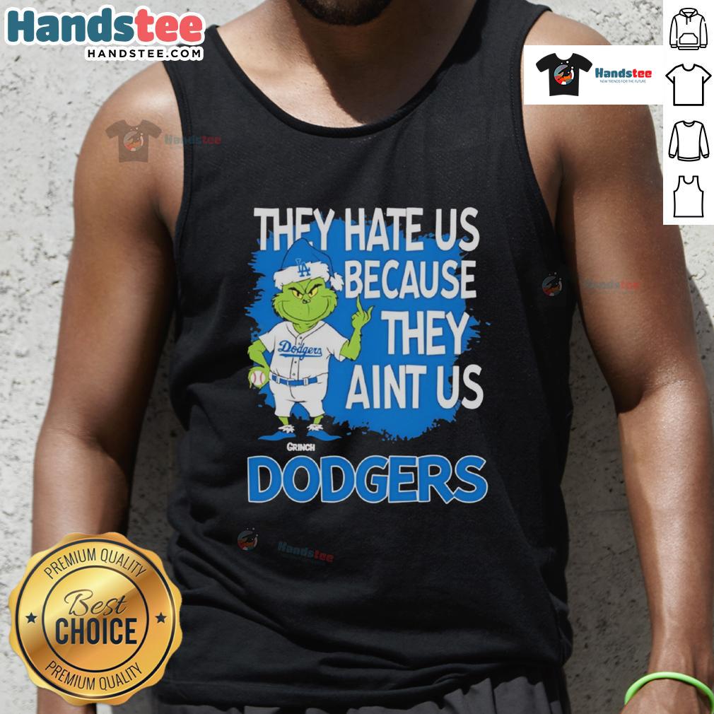 Los Angeles Dodgers Grinch Christmas tank top with 'They Hate Ain't Us' design, perfect for festive baseball fans.