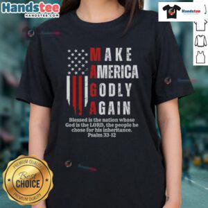 Good Make America Godly Again USA flag ladies tee featuring a patriotic design in vibrant colors.