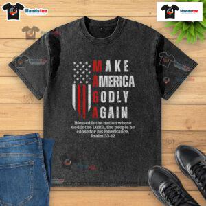Alt Text: Good Make America Godly Again t-shirt featuring USA flag design, perfect for patriotic events and casual wear.