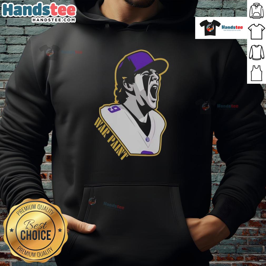 Alt Text: Minnesota Vikings War Paint hoodie featuring a football player with number 9, perfect for fans and game day wear.