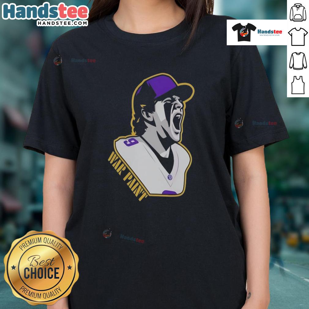 Good Minnesota Vikings War Paint Football Player Number 9 graphic on a stylish ladies tee, perfect for game day attire.