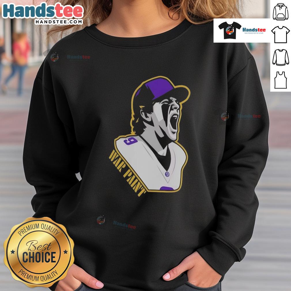Alt Text: Minnesota Vikings graphic sweatshirt featuring war paint and player number 9, perfect for fans and game day wear.
