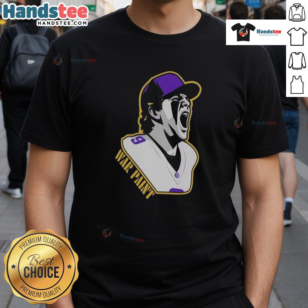 Alt Text: Good Minnesota Vikings War Paint Football Player Number 9 Graphic T-Shirt featuring vibrant colors and bold design.