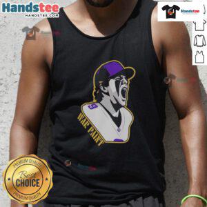 Minnesota Vikings war paint football player wearing a graphic tank top featuring number 9 design.
