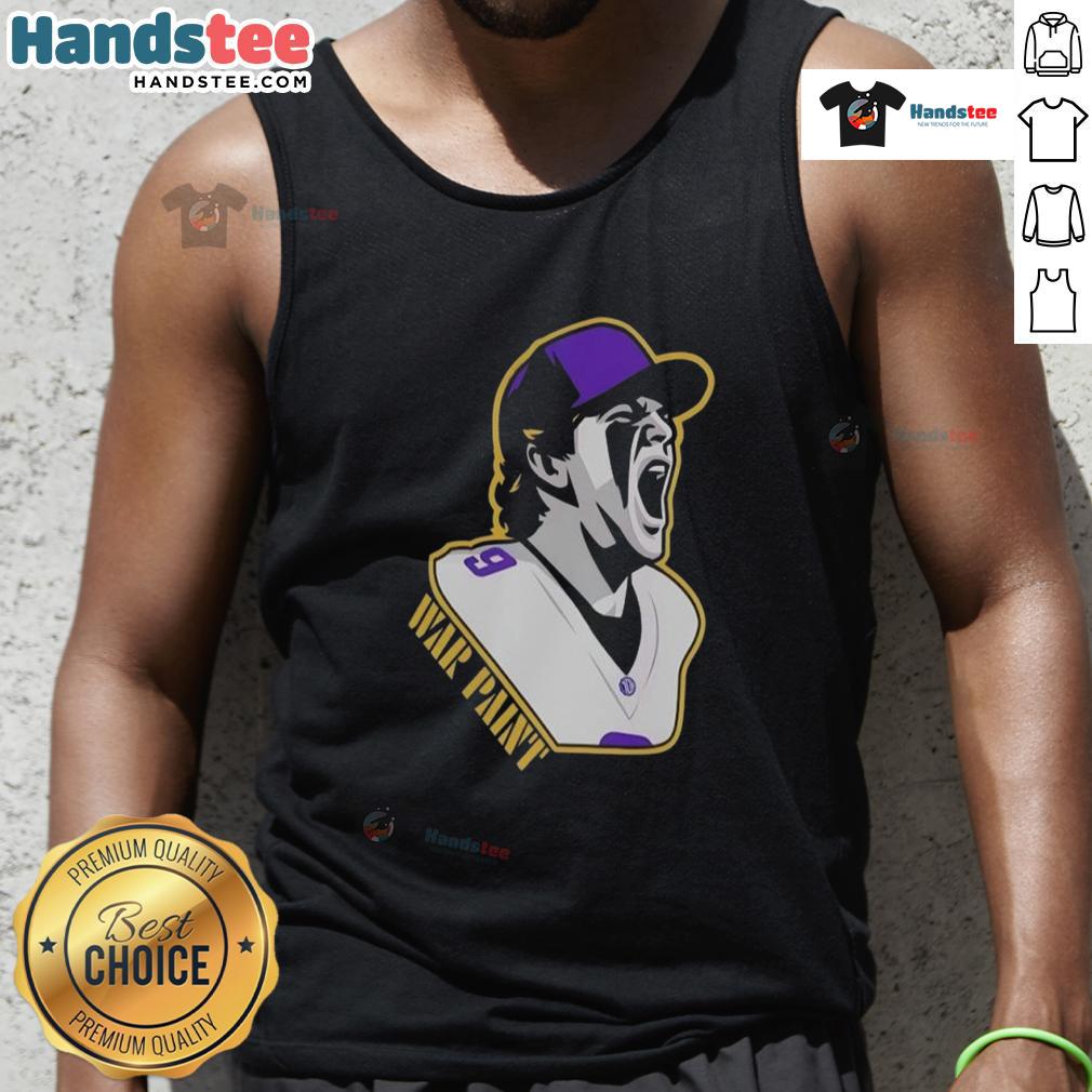 Minnesota Vikings war paint football player wearing a graphic tank top featuring number 9 design.