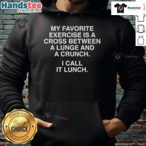 Person wearing 'Lunch' hoodie demonstrating a lunge-crunch exercise, combining strength and fitness in a fun way.