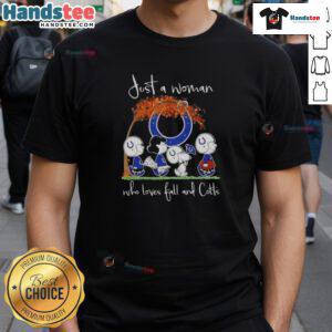 Good Peanuts t-shirt featuring a woman who loves fall and Indianapolis Colts football, perfect for fans and autumn enthusiasts.