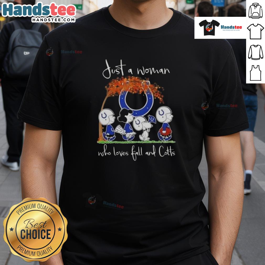 Good Peanuts t-shirt featuring a woman who loves fall and Indianapolis Colts football, perfect for fans and autumn enthusiasts.