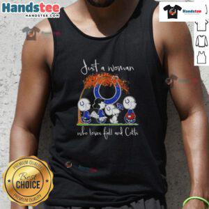 Alt Text: Woman wearing a Good Peanuts tank top, celebrating fall and showing support for Indianapolis Colts football.