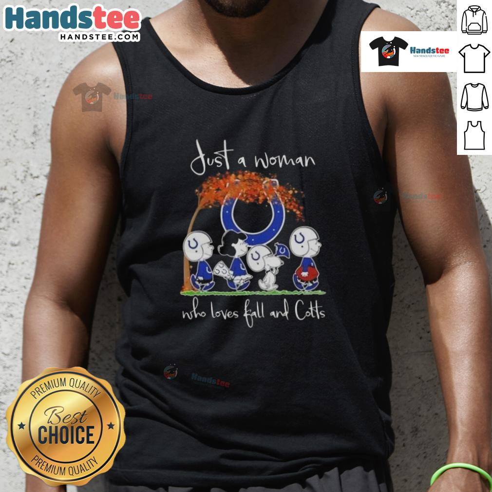 Alt Text: Woman wearing a Good Peanuts tank top, celebrating fall and showing support for Indianapolis Colts football.