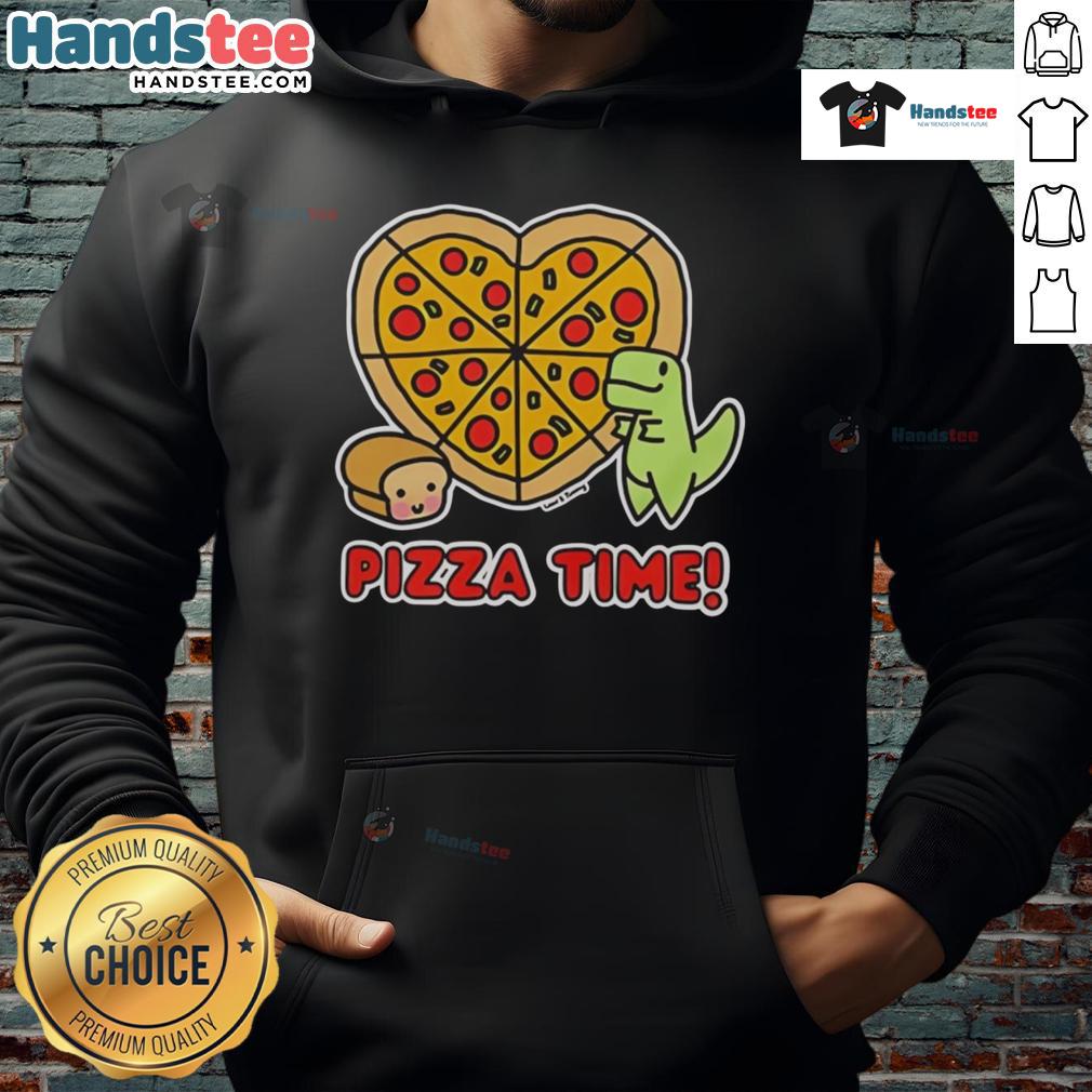 Alt Text: Good Pizza Time graphic hoodie featuring a dinosaur and a loaf of bread, perfect for pizza lovers and cozy style.
