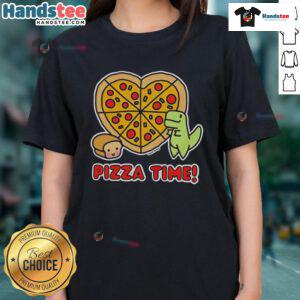 Alt Text: Good Pizza Time graphic tee featuring a dinosaur and a loaf of bread, perfect for pizza lovers and fun fashion.