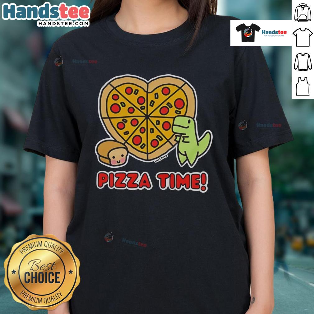 Alt Text: Good Pizza Time graphic tee featuring a dinosaur and a loaf of bread, perfect for pizza lovers and fun fashion.