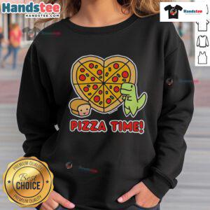 Alt Text: Good Pizza Time dinosaur graphic sweatshirt featuring a playful dinosaur and a loaf of bread design.