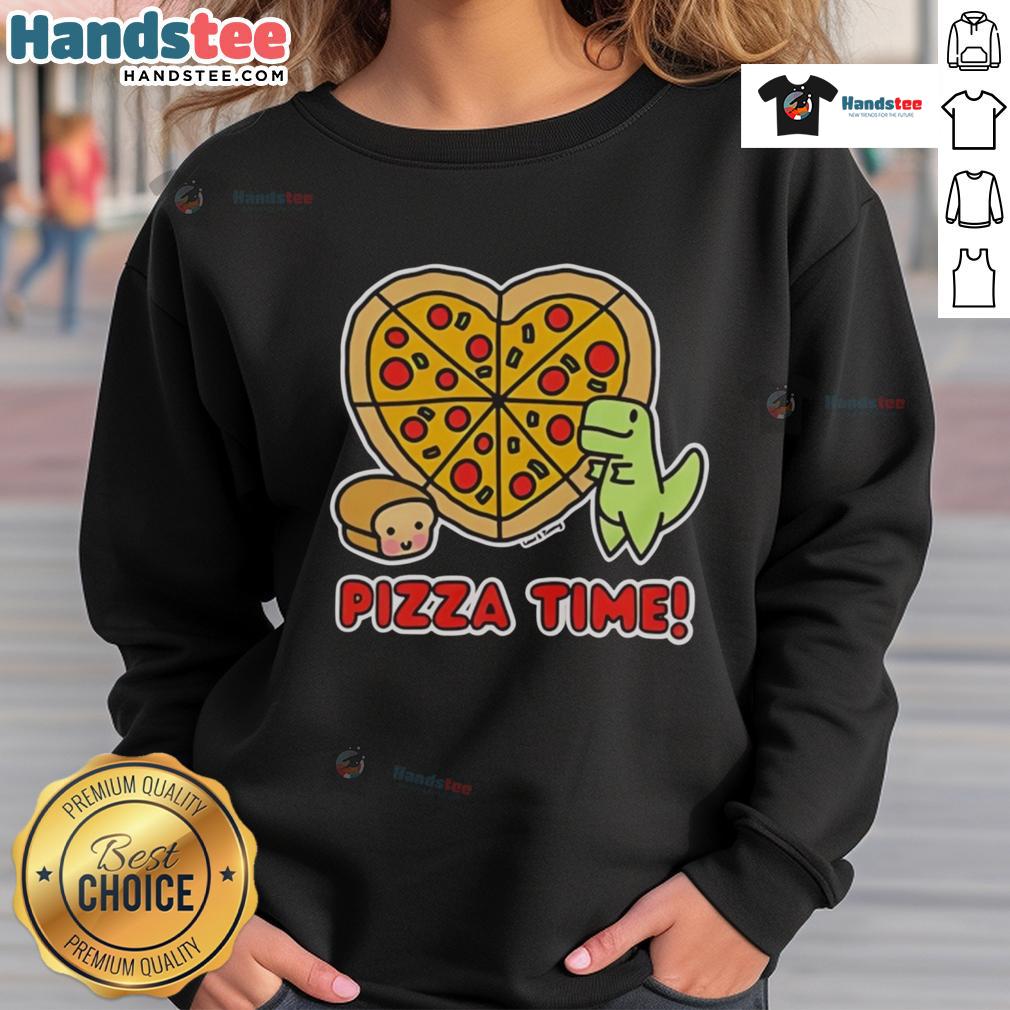 Alt Text: Good Pizza Time dinosaur graphic sweatshirt featuring a playful dinosaur and a loaf of bread design.