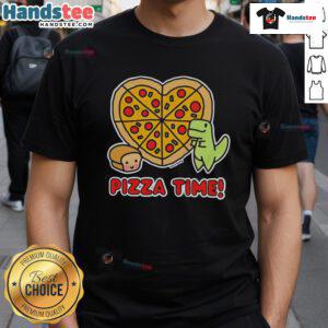 Alt Text: Good Pizza Time dinosaur and loaf of bread graphic T-shirt design featuring a playful dinosaur enjoying pizza.