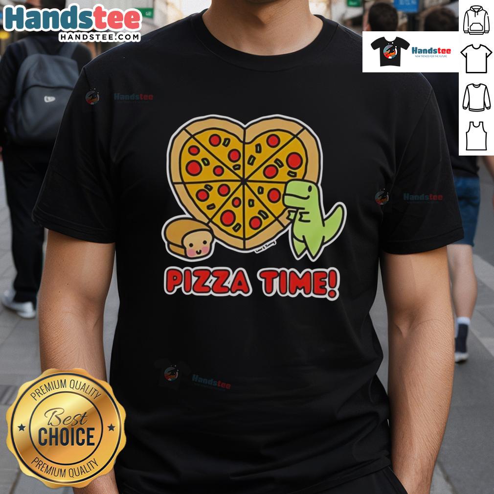 Alt Text: Good Pizza Time dinosaur and loaf of bread graphic T-shirt design featuring a playful dinosaur enjoying pizza.
