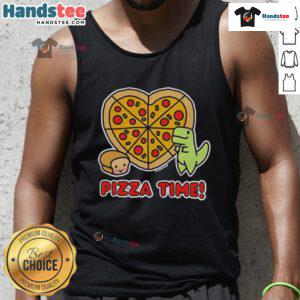 Alt Text: Funny tank top featuring a dinosaur enjoying pizza and a loaf of bread, perfect for pizza lovers and graphic tee fans.